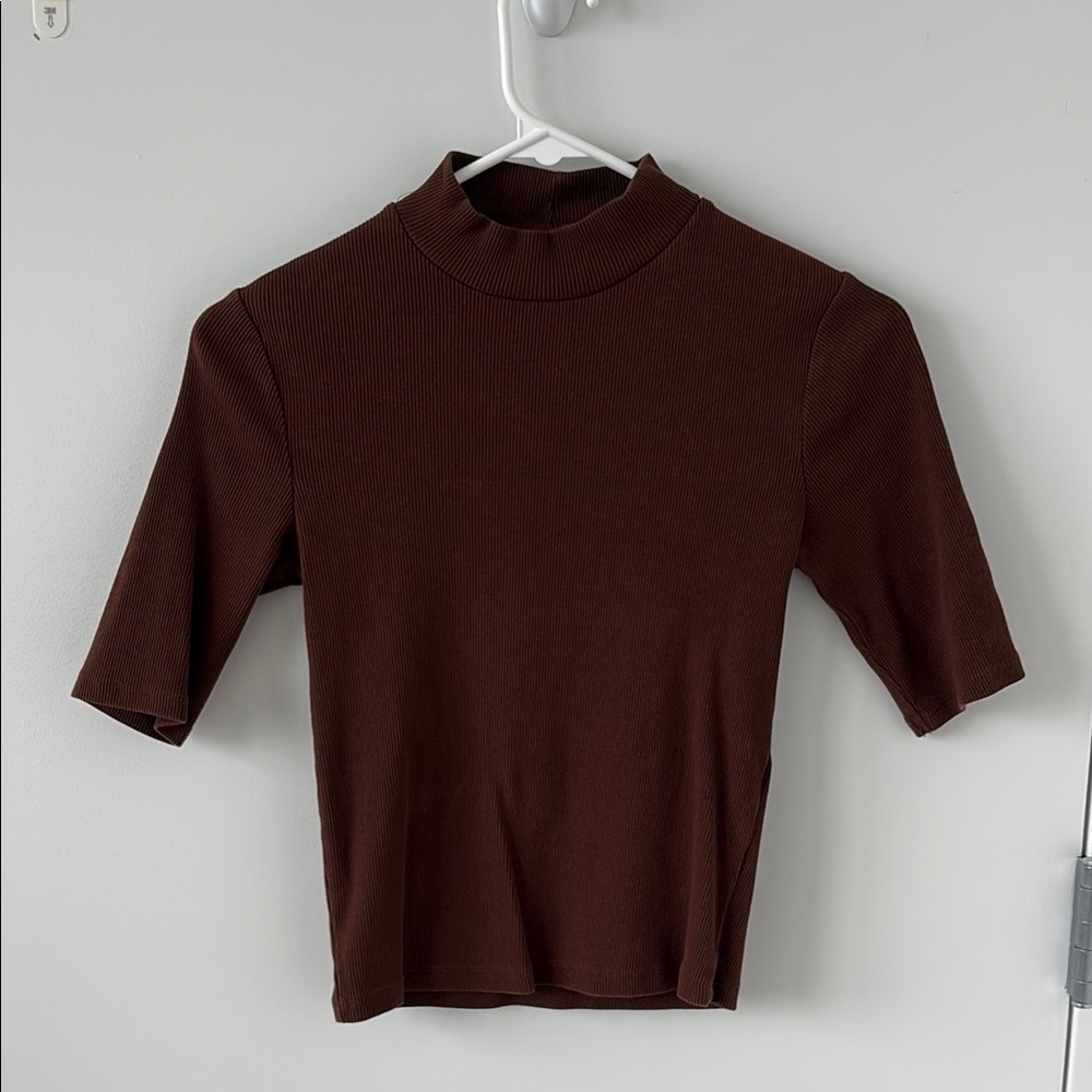 Zara Mock Neck Short Sleeve Top - Brown